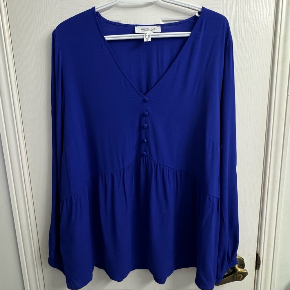 Addition Elle Royal Blue Blouse 1X Quiet Luxury Office Chic Plus Size NWOT